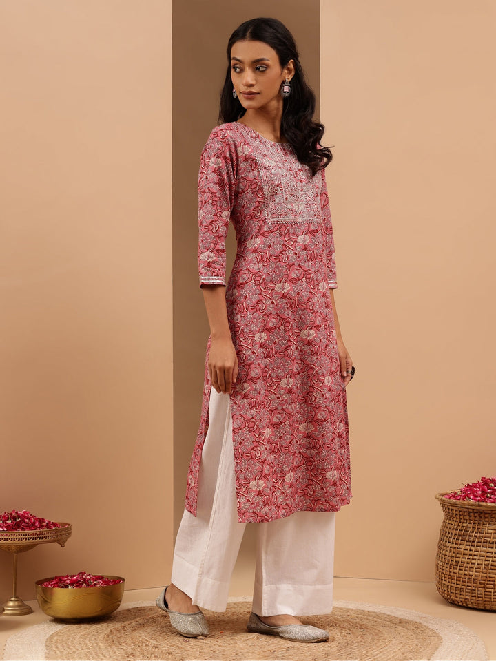 Janasya Women's Pink Pure Cotton Yoke Embroidered Straight Kurta - qivii