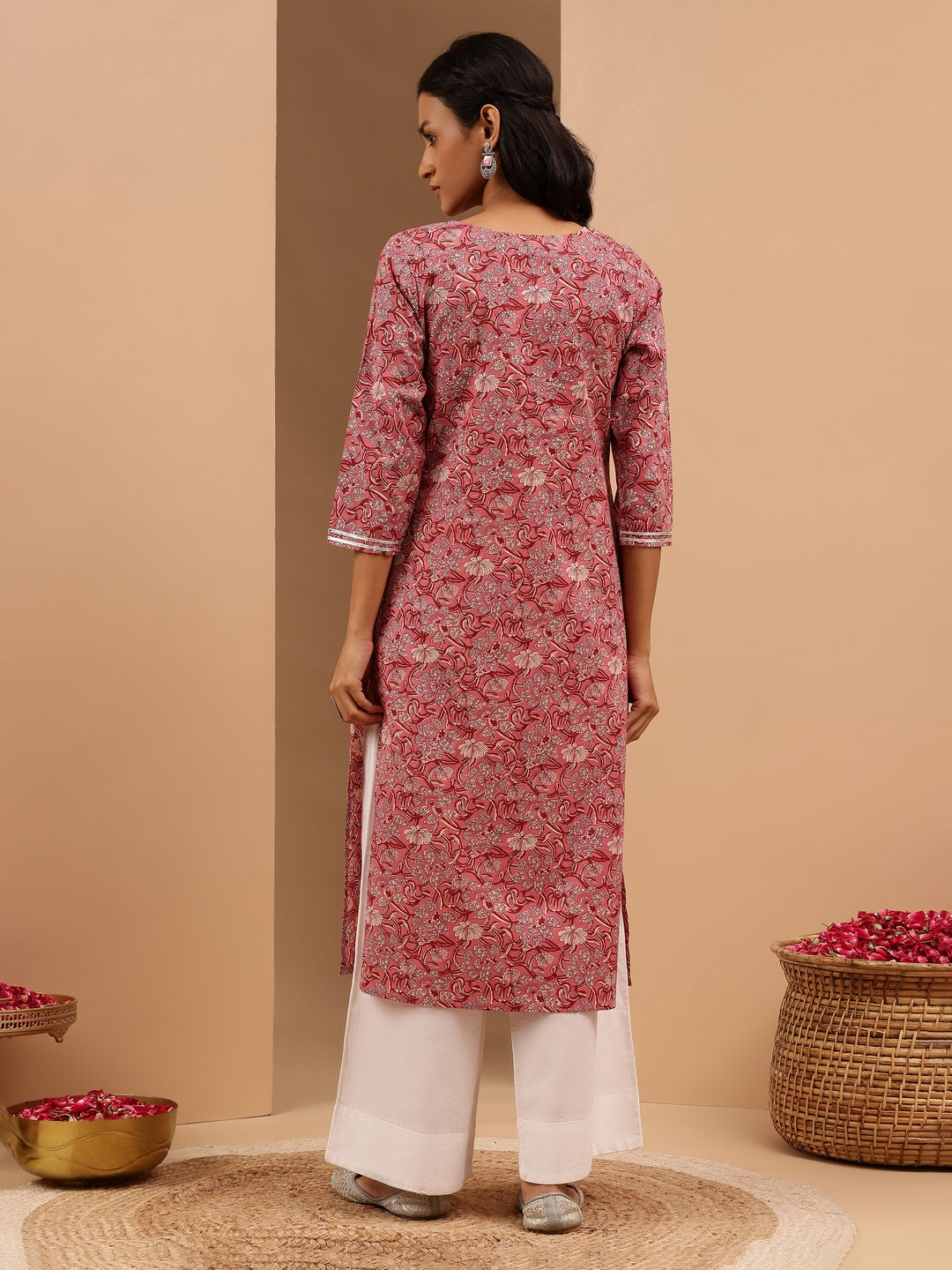 Janasya Women's Pink Pure Cotton Yoke Embroidered Straight Kurta - qivii
