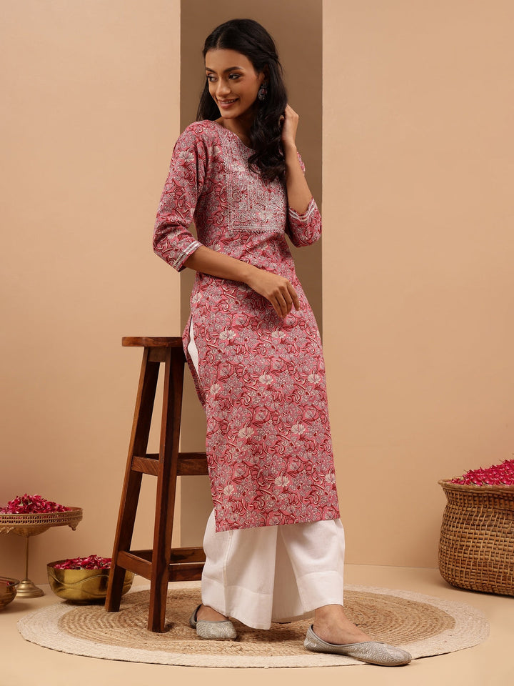 Janasya Women's Pink Pure Cotton Yoke Embroidered Straight Kurta - qivii