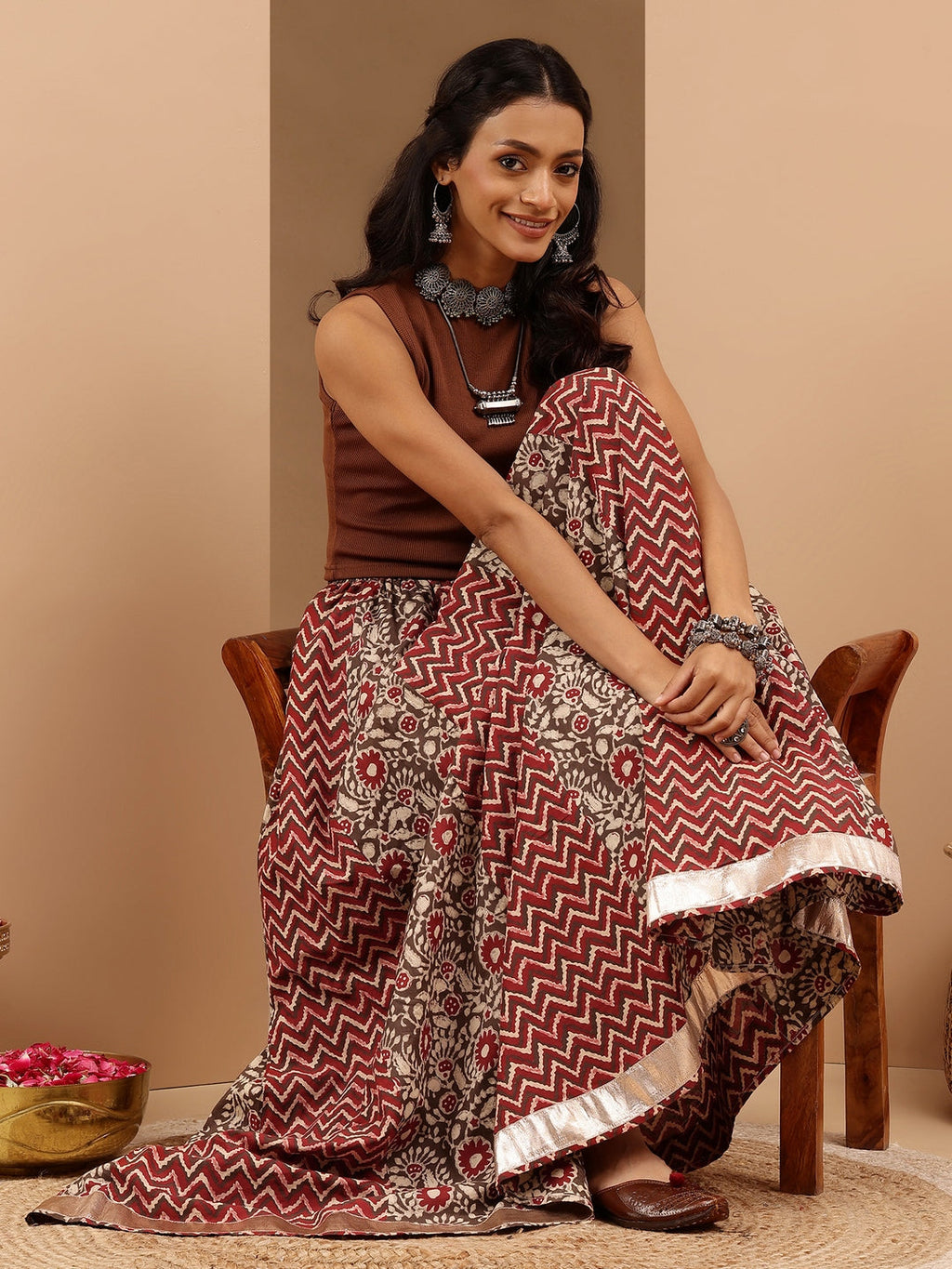Janasya Women's Maroon Pure Cotton Ethnic Printed Flared Skirt