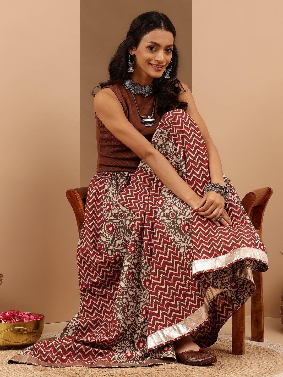 Janasya Women's Maroon Pure Cotton Ethnic Printed Flared Skirt
