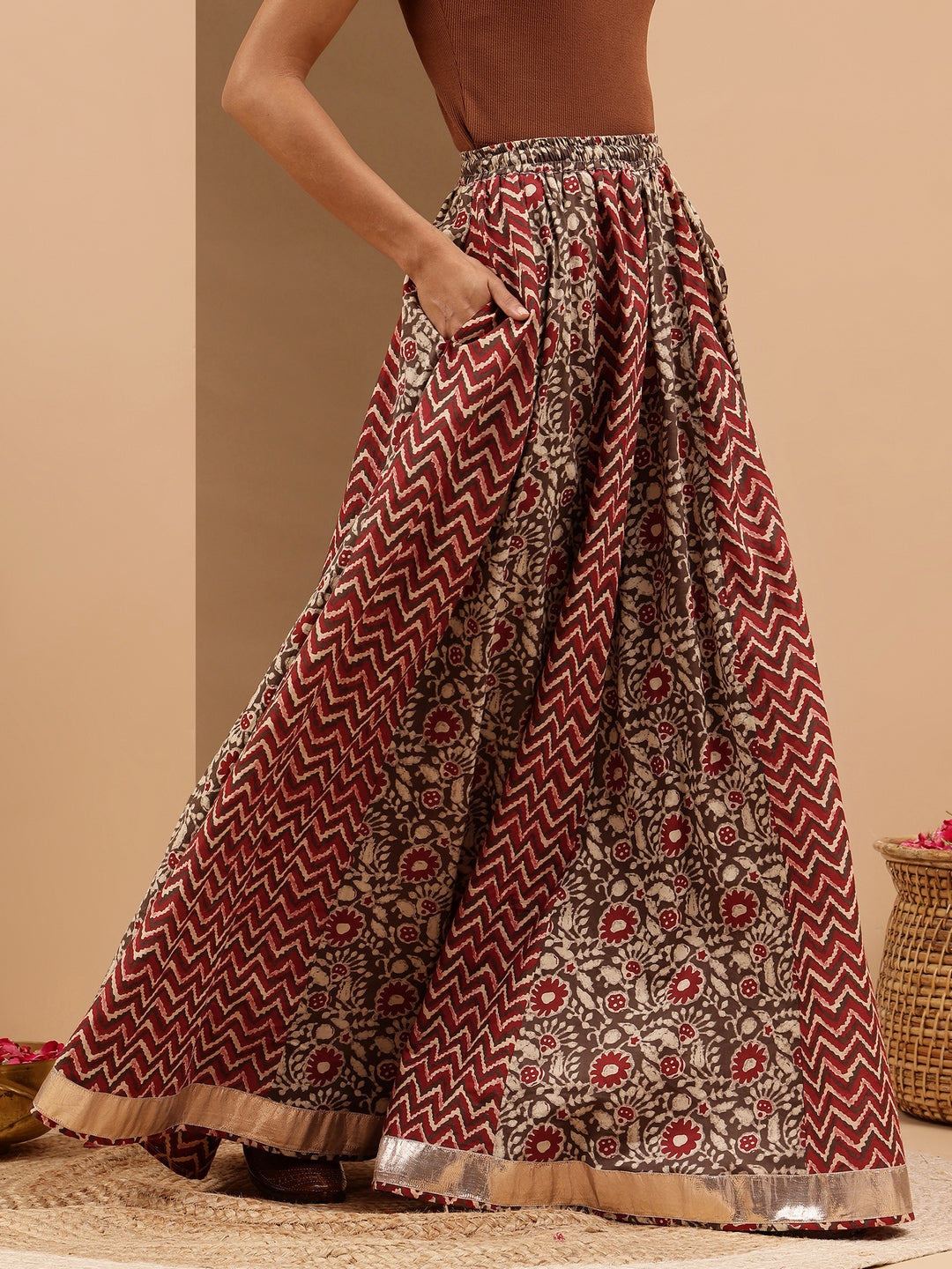 Janasya Women's Maroon Pure Cotton Ethnic Printed Flared Skirt