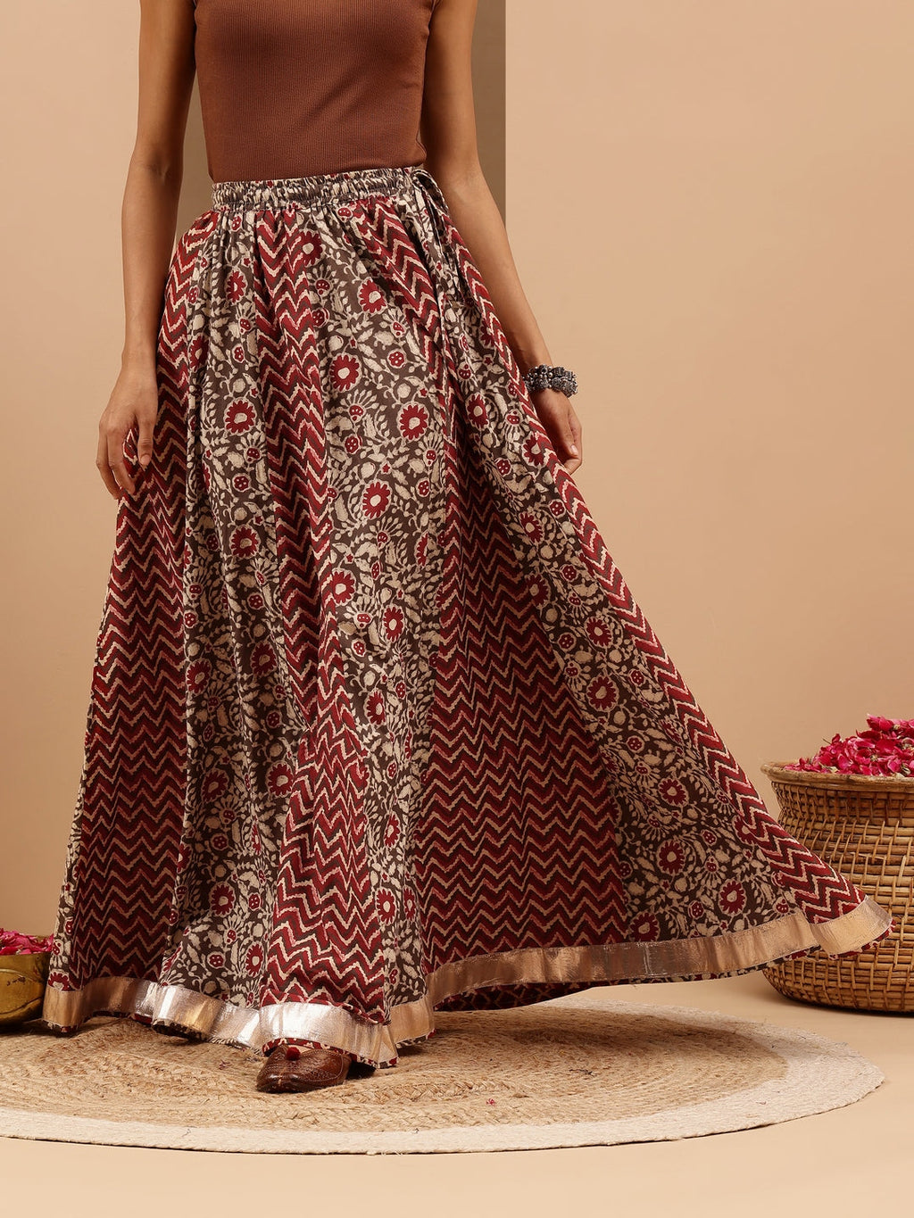 Janasya Women's Maroon Pure Cotton Ethnic Printed Flared Skirt