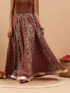 Janasya Women's Maroon Pure Cotton Ethnic Printed Flared Skirt