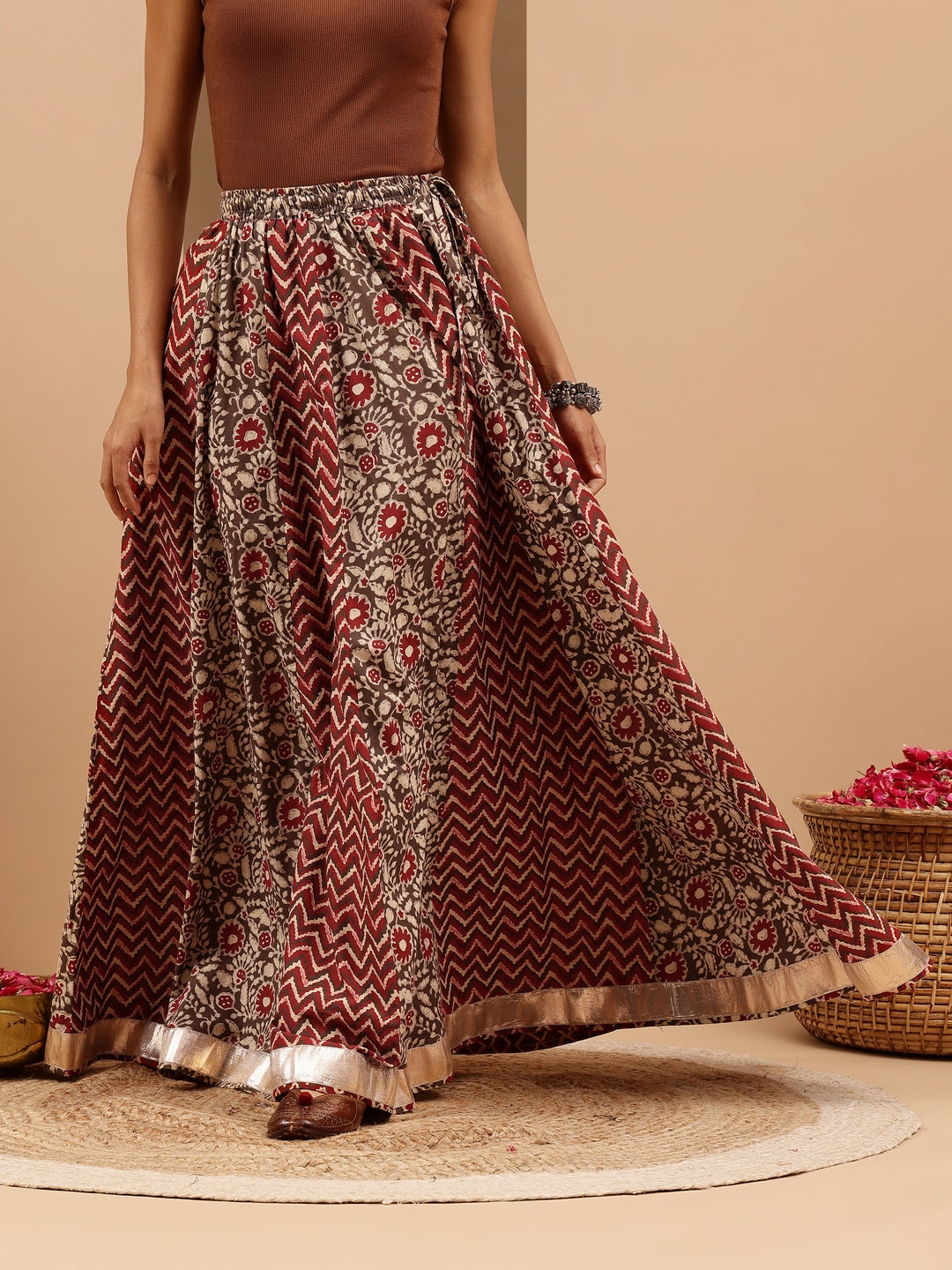 Janasya Women's Maroon Pure Cotton Ethnic Printed Flared Skirt