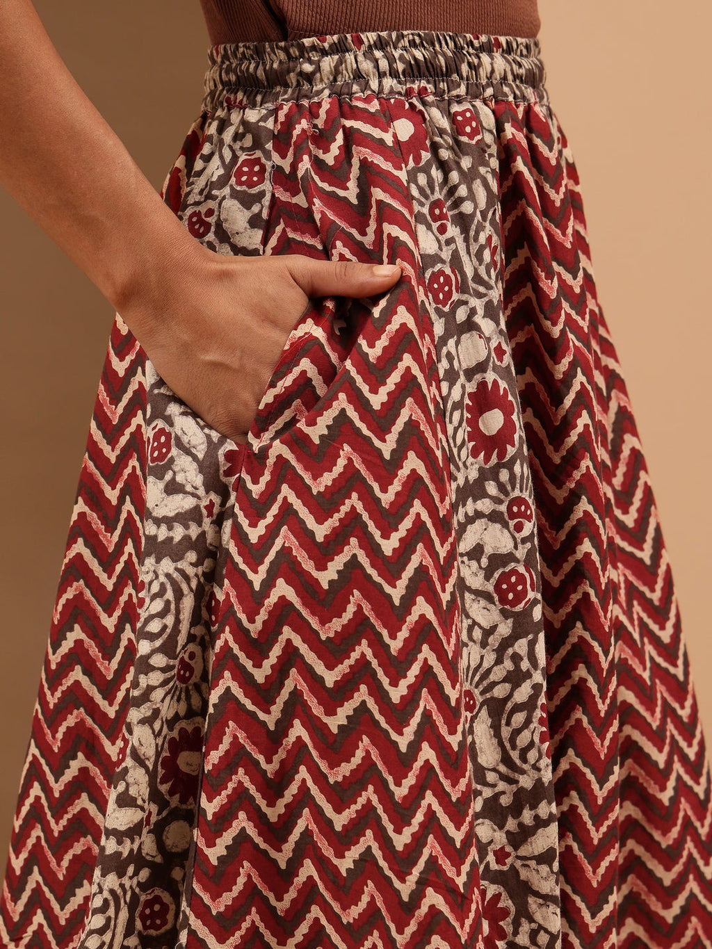 Janasya Women's Maroon Pure Cotton Ethnic Printed Flared Skirt