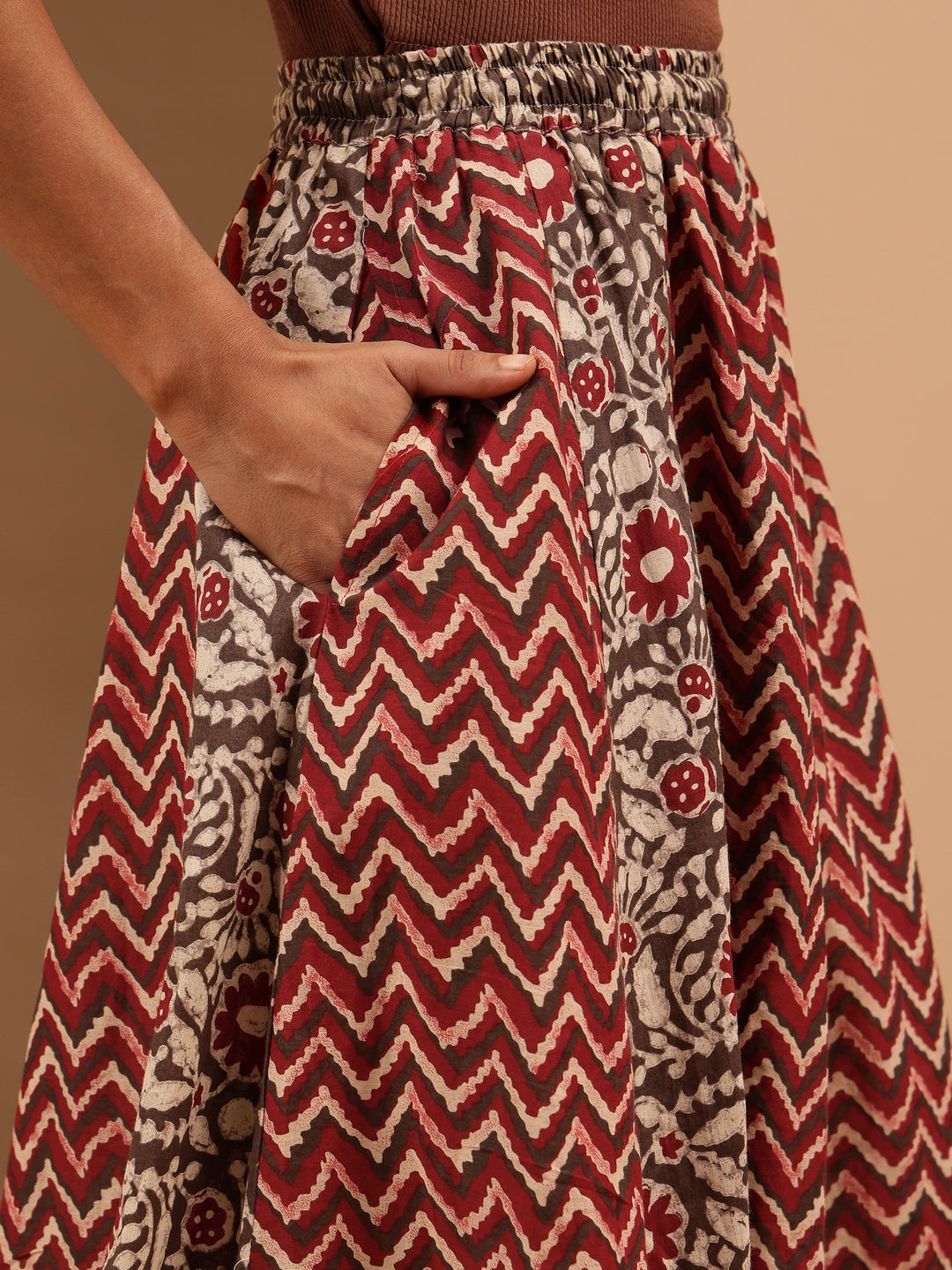 Janasya Women's Maroon Pure Cotton Ethnic Printed Flared Skirt