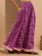 Janasya Women's Purple Pure Cotton Floral Printed Flared Skirt