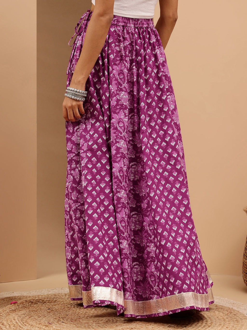 Janasya Women's Purple Pure Cotton Floral Printed Flared Skirt