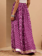 Janasya Women's Purple Pure Cotton Floral Printed Flared Skirt