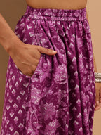 Janasya Women's Purple Pure Cotton Floral Printed Flared Skirt