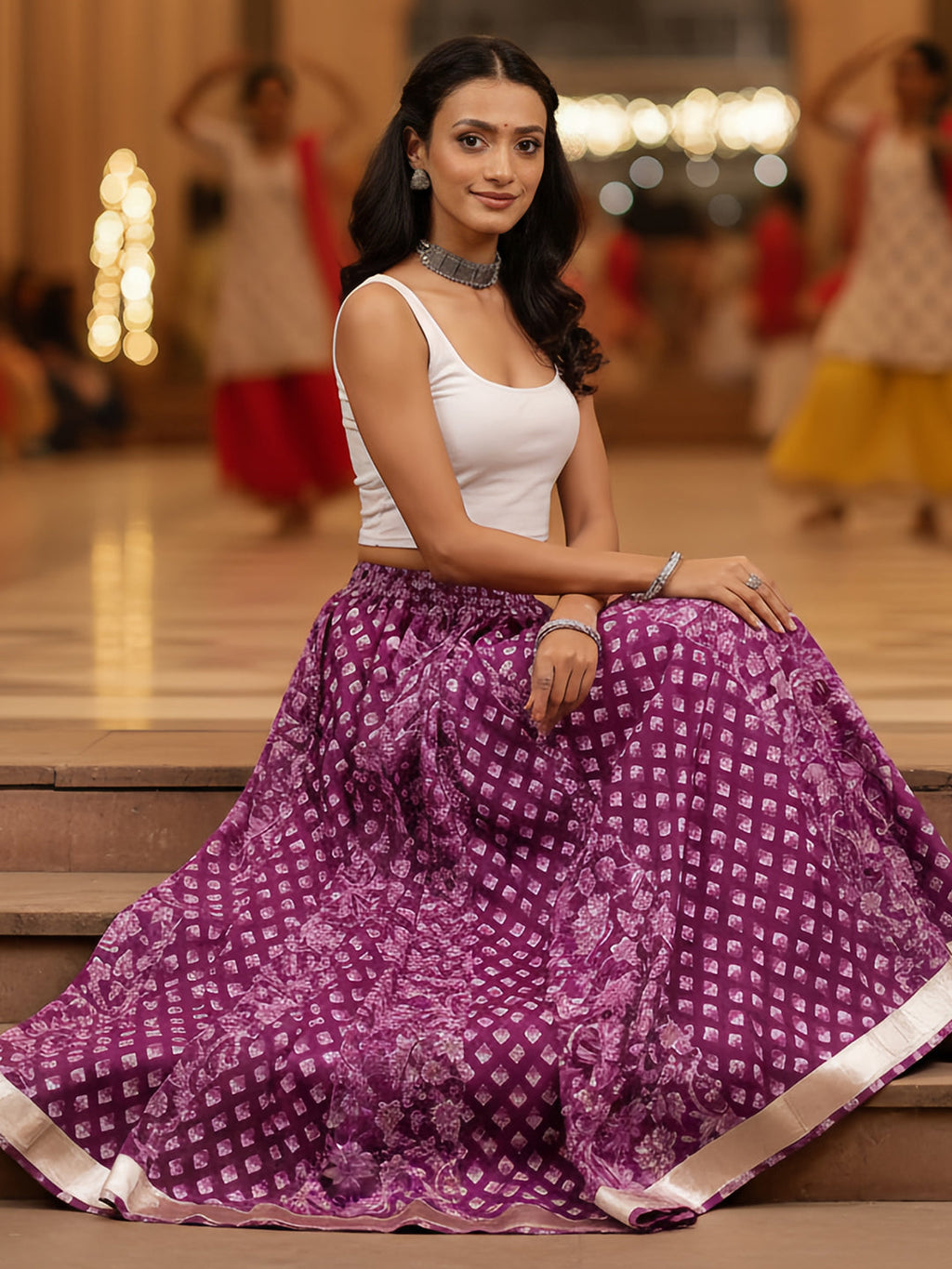 Janasya Women's Purple Pure Cotton Floral Printed Flared Skirt