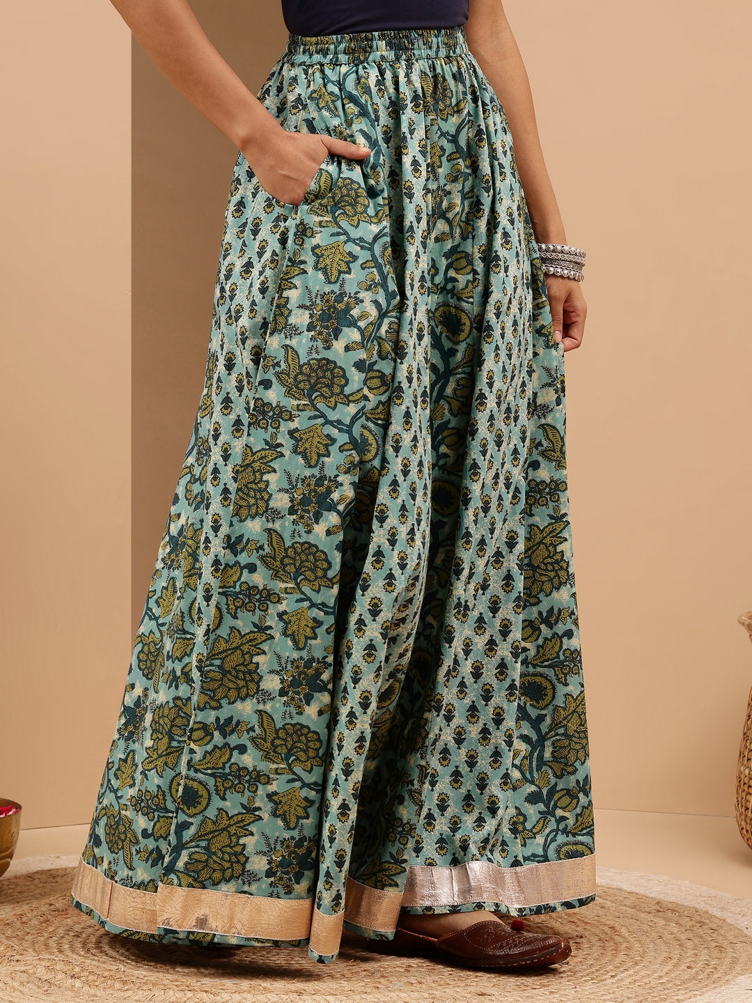 Janasya Women's Aqua Green Pure Cotton Floral Printed Skirt