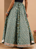 Janasya Women's Aqua Green Pure Cotton Floral Printed Skirt