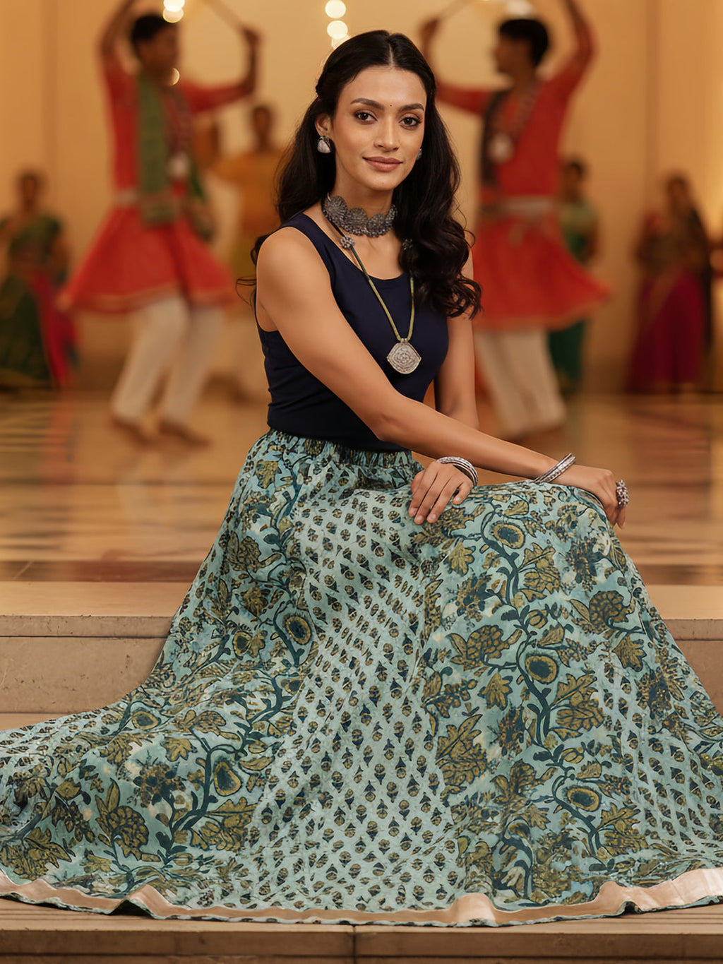 Janasya Women's Aqua Green Pure Cotton Floral Printed Skirt