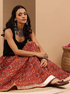 Janasya Women's Rust Pure Cotton Floral Printed Flared Skirt