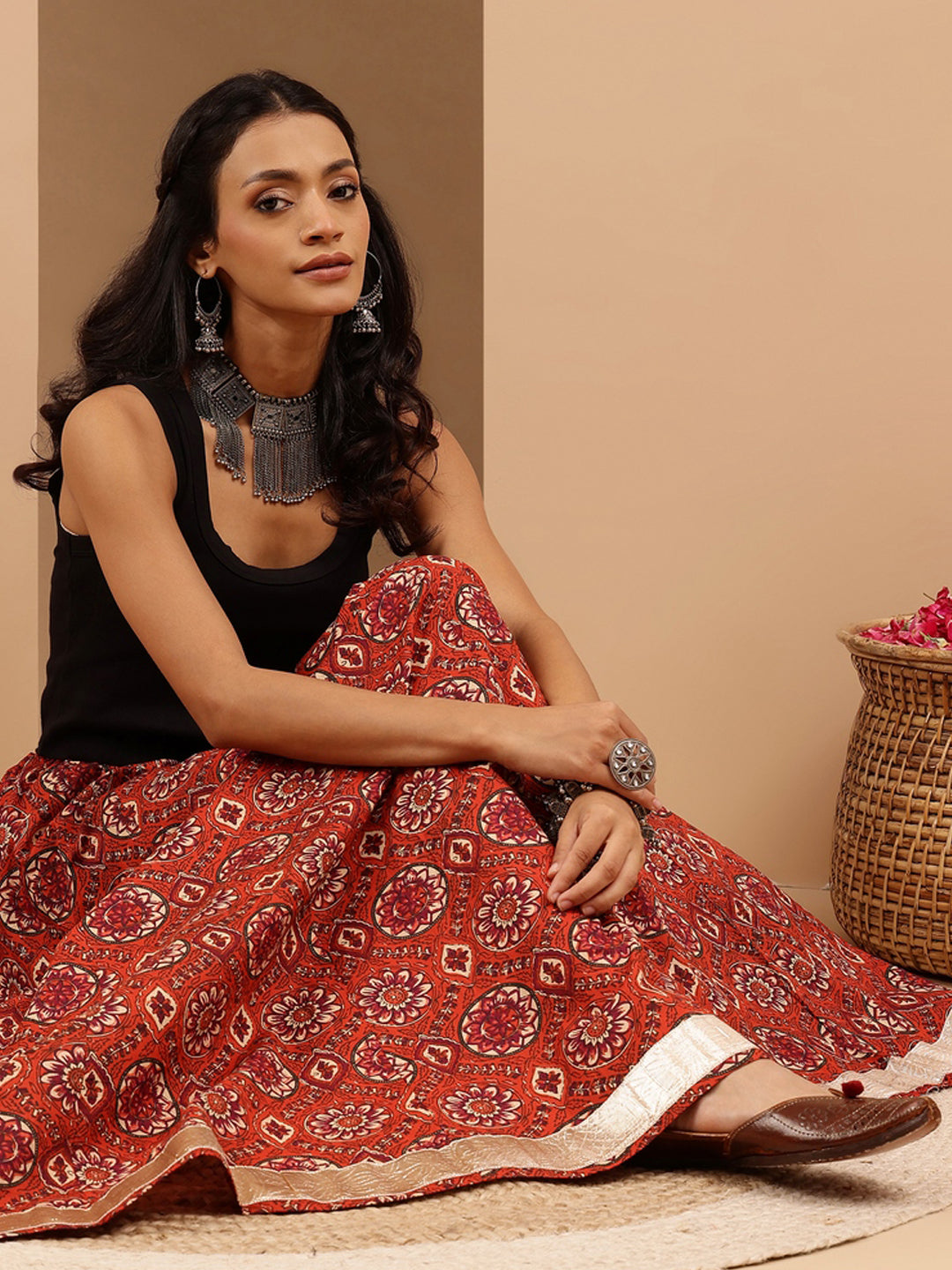 Janasya Women's Rust Pure Cotton Floral Printed Flared Skirt