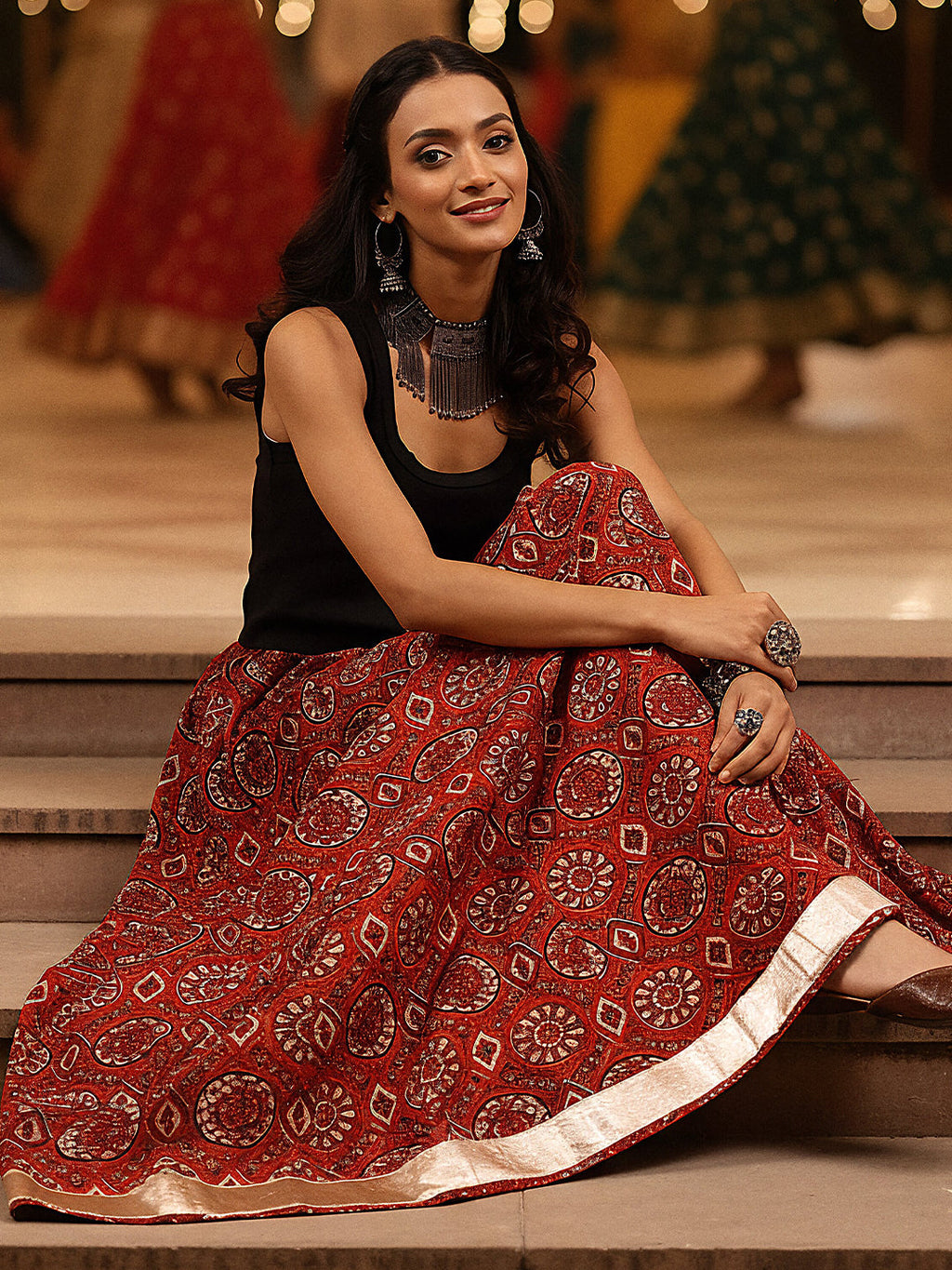 Janasya Women's Rust Pure Cotton Floral Printed Flared Skirt