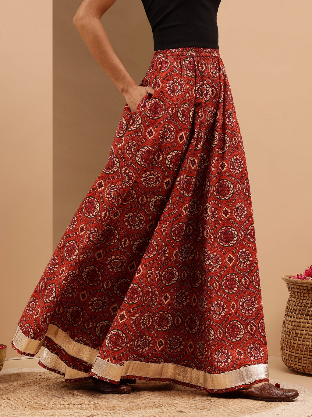 Janasya Women's Rust Pure Cotton Floral Printed Flared Skirt