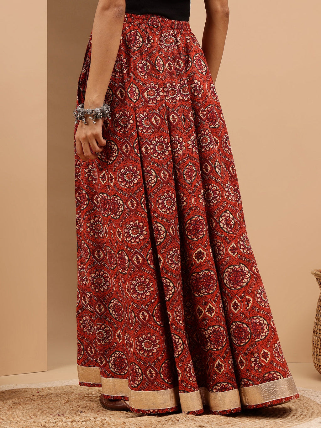 Janasya Women's Rust Pure Cotton Floral Printed Flared Skirt