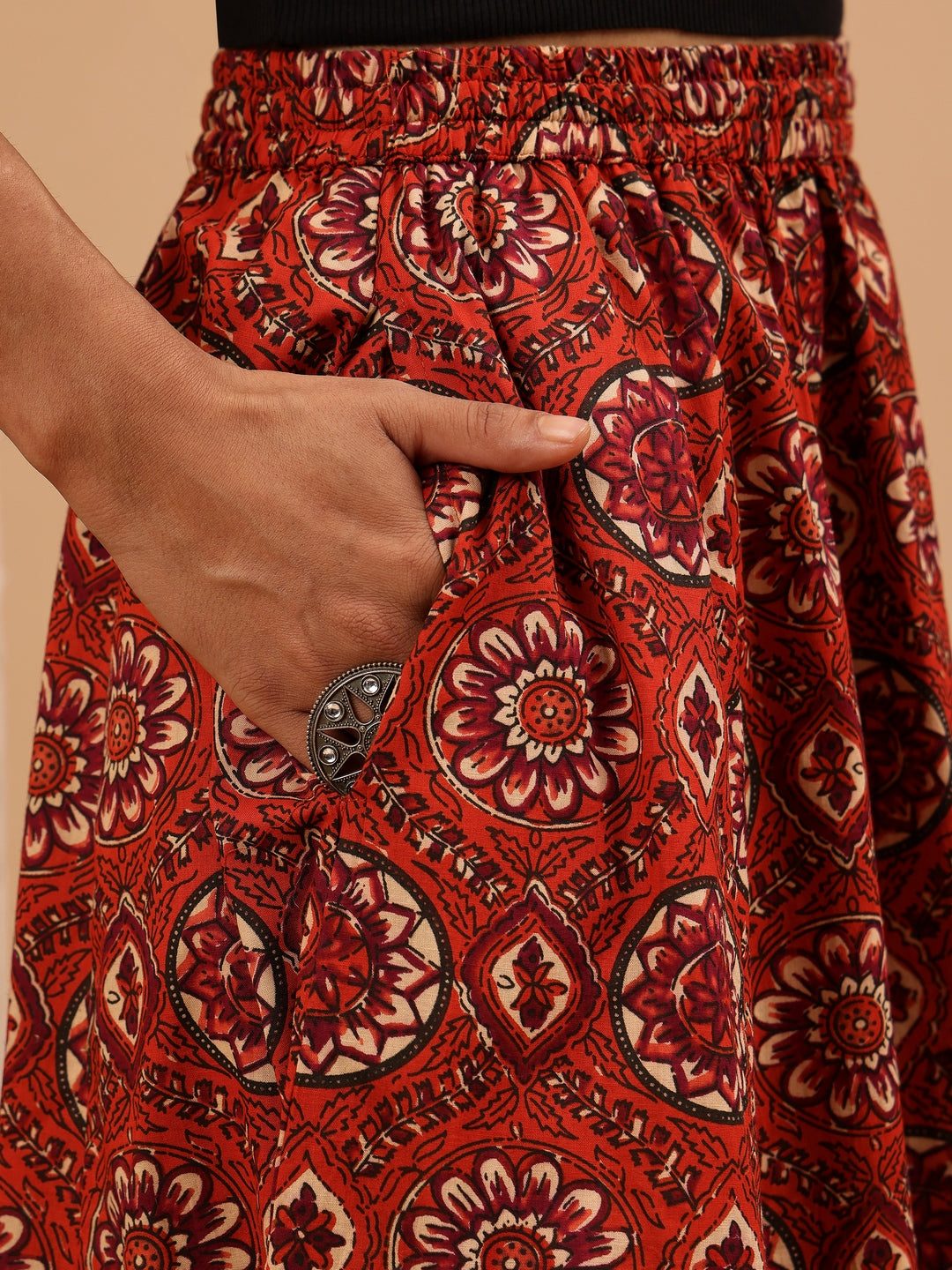 Janasya Women's Rust Pure Cotton Floral Printed Flared Skirt