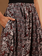 Janasya Women's Grey Pure Cotton Floral Printed Flared Skirts