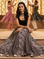 Janasya Women's Grey Pure Cotton Floral Printed Flared Skirts