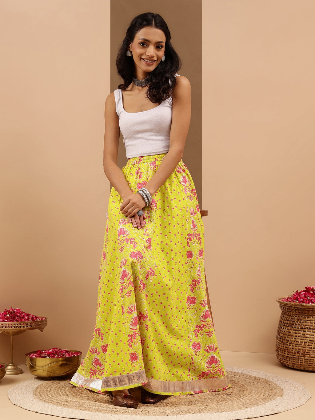 Janasya Women's Lime Yellow Pure Cotton Ethnic Printed Flared Skirt