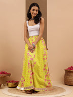 Janasya Women's Lime Yellow Pure Cotton Ethnic Printed Flared Skirt