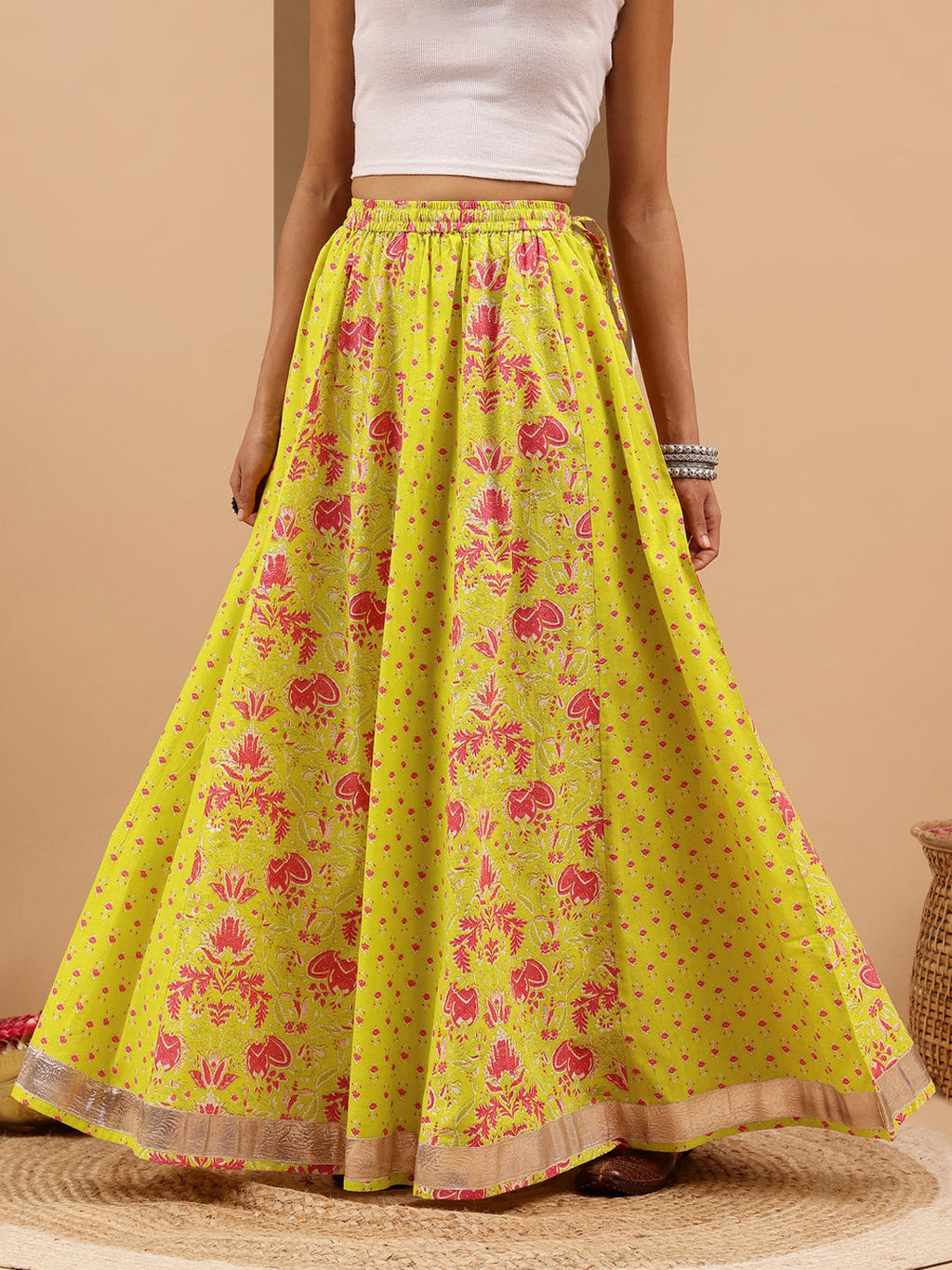 Janasya Women's Lime Yellow Pure Cotton Ethnic Printed Flared Skirt