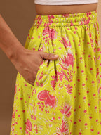 Janasya Women's Lime Yellow Pure Cotton Ethnic Printed Flared Skirt