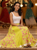 Janasya Women's Lime Yellow Pure Cotton Ethnic Printed Flared Skirt