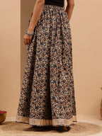 Janasya Women's Beige Pure Cotton Floral Printed Flared Skirt