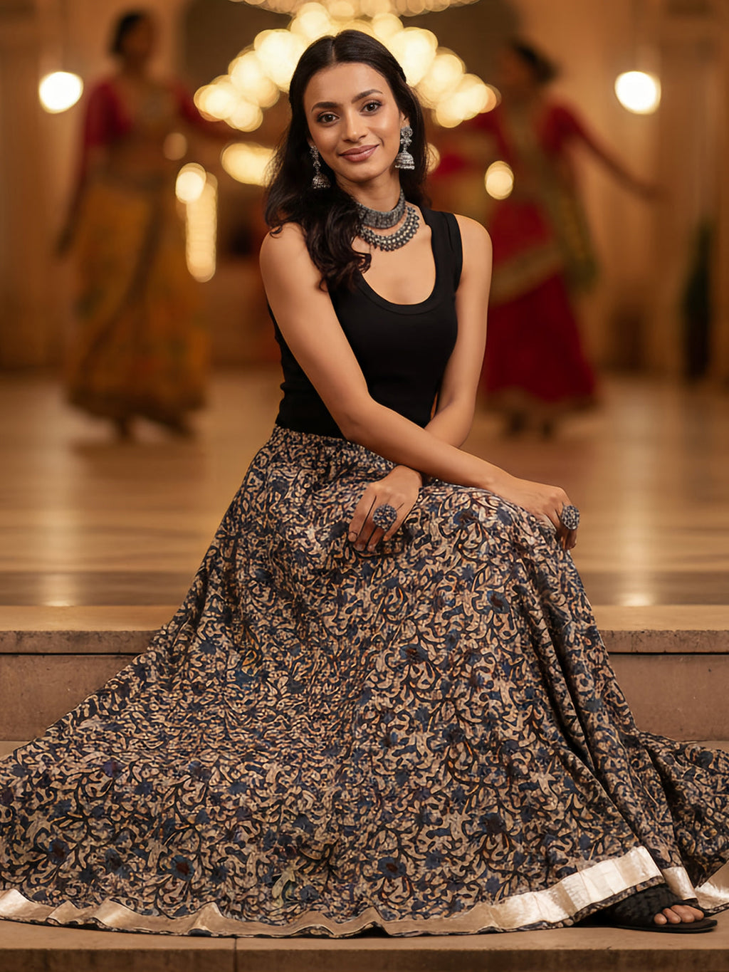 Janasya Women's Beige Pure Cotton Floral Printed Flared Skirt