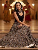 Janasya Women's Beige Pure Cotton Floral Printed Flared Skirt