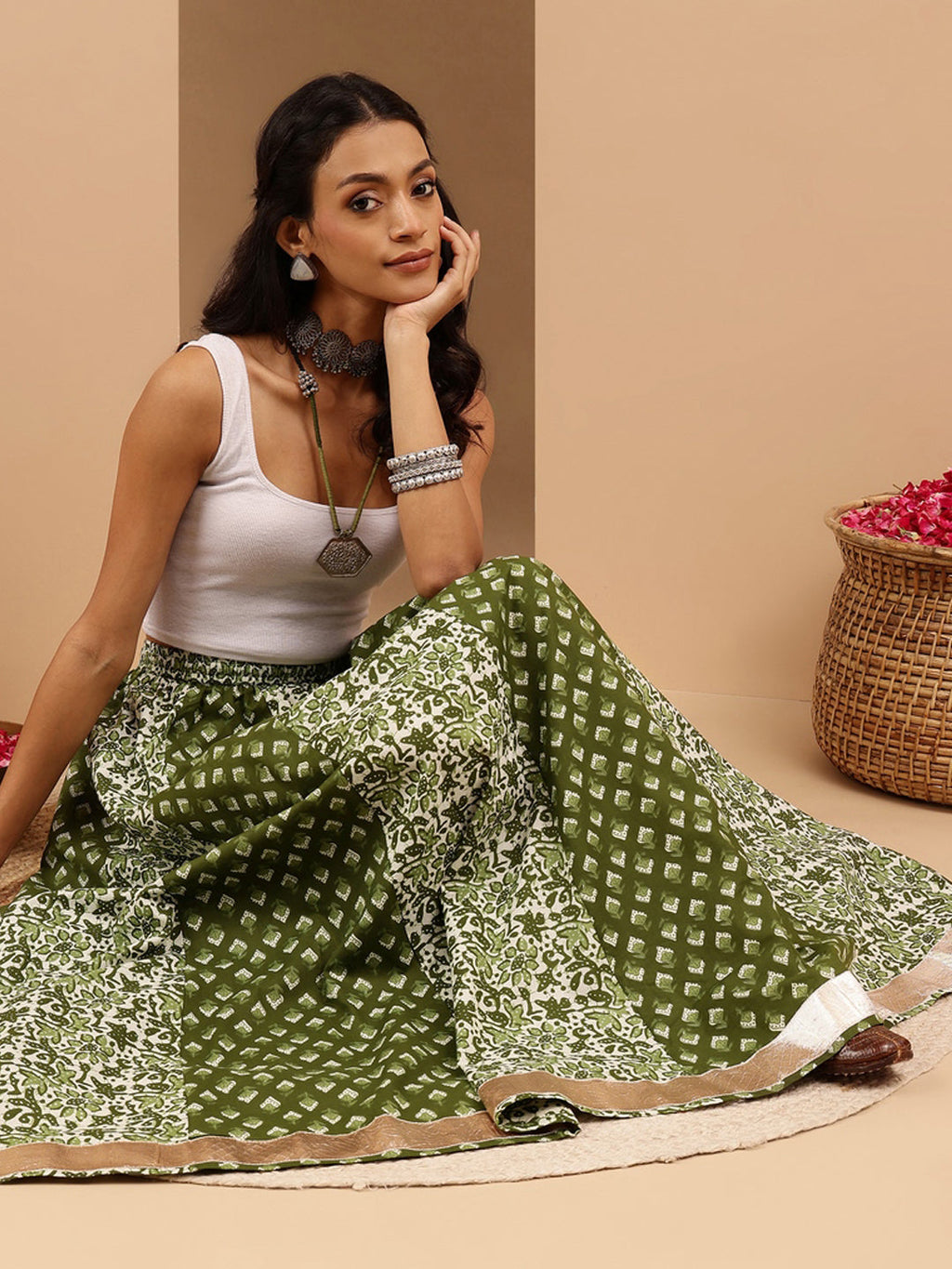 Janasya Women's Green Pure Cotton Ethnic Motifs Printed Flared Skirt