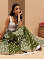 Janasya Women's Green Pure Cotton Ethnic Motifs Printed Flared Skirt