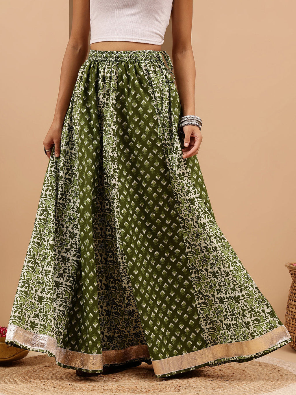 Janasya Women's Green Pure Cotton Ethnic Motifs Printed Flared Skirt
