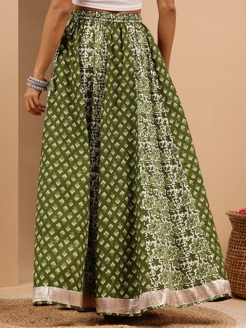 Janasya Women's Green Pure Cotton Ethnic Motifs Printed Flared Skirt