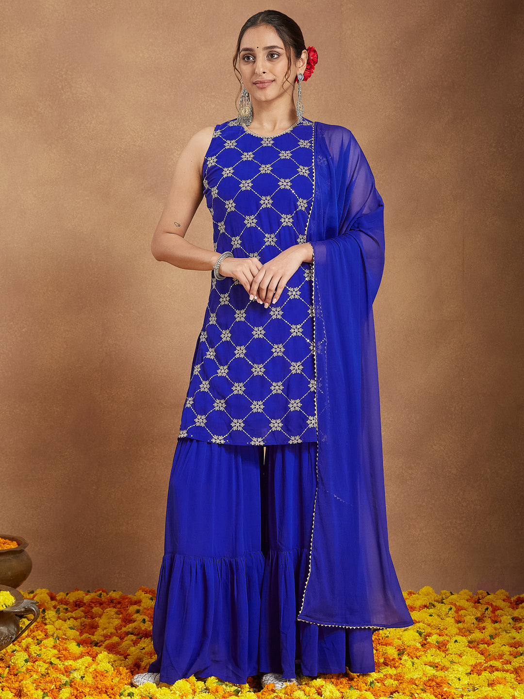 Janasya Women's Royal Blue Georgette Zari Embroidered Straight Kurta With Sharara & Dupatta Set