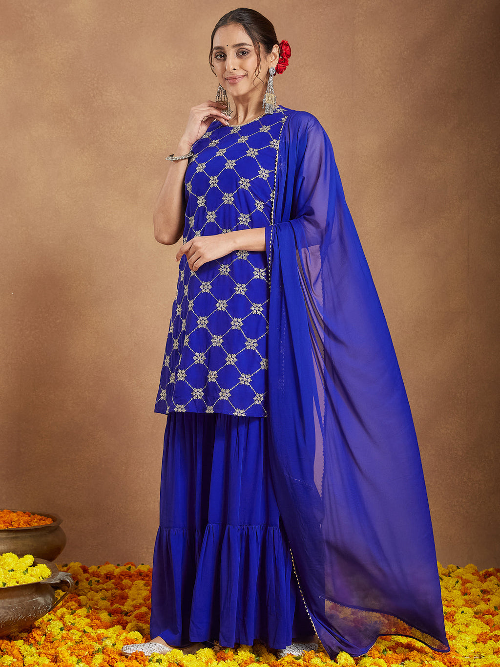 Janasya Women's Royal Blue Georgette Zari Embroidered Straight Kurta With Sharara & Dupatta Set