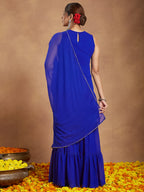 Janasya Women's Royal Blue Georgette Zari Embroidered Straight Kurta With Sharara & Dupatta Set