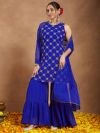 Janasya Women's Royal Blue Georgette Zari Embroidered Straight Kurta With Sharara & Dupatta Set