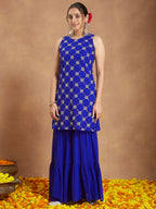 Janasya Women's Royal Blue Georgette Zari Embroidered Straight Kurta With Sharara & Dupatta Set