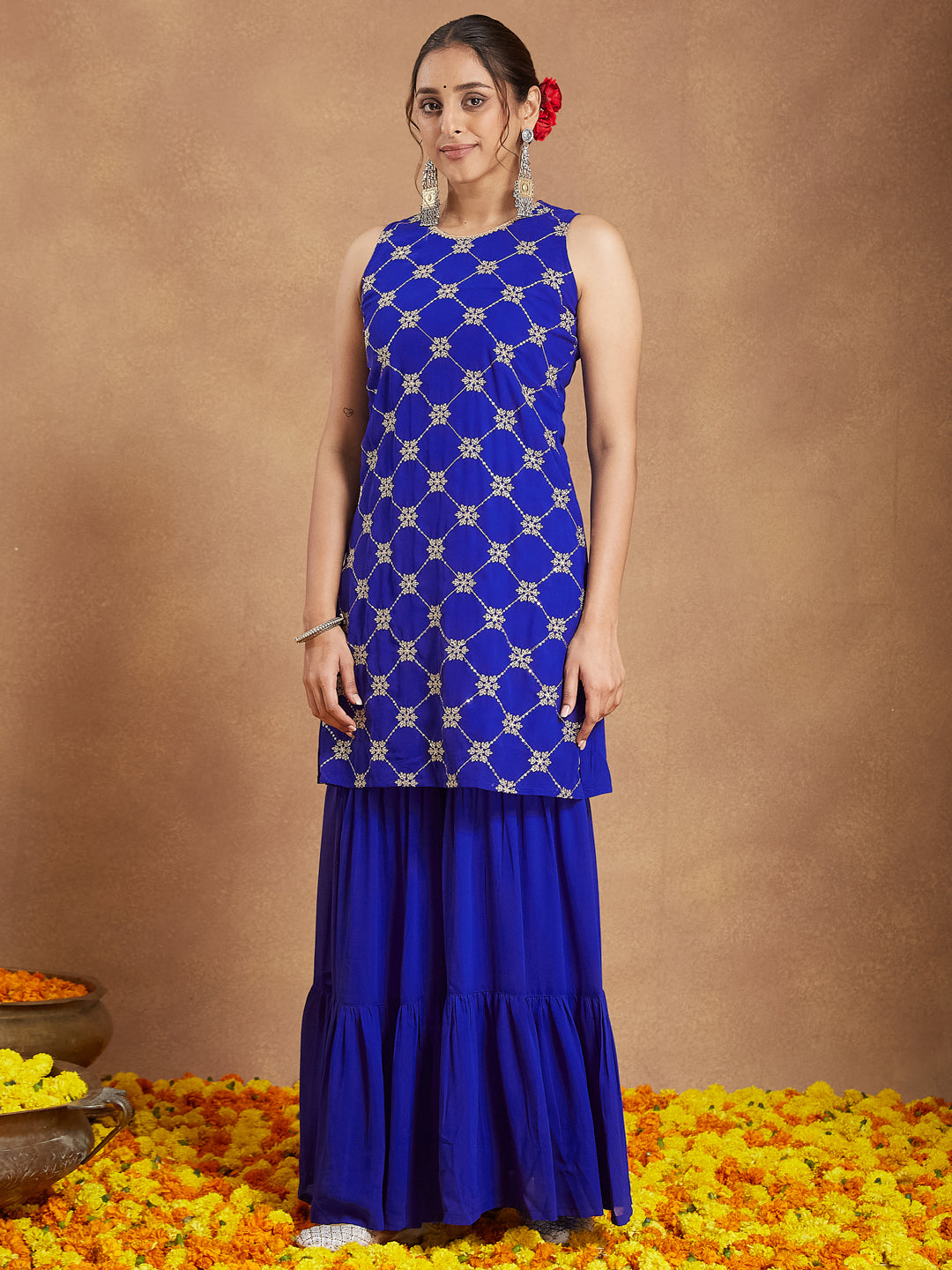 Janasya Women's Royal Blue Georgette Zari Embroidered Straight Kurta With Sharara & Dupatta Set