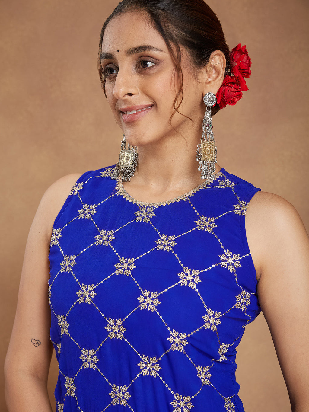 Janasya Women's Royal Blue Georgette Zari Embroidered Straight Kurta With Sharara & Dupatta Set