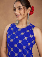 Janasya Women's Royal Blue Georgette Zari Embroidered Straight Kurta With Sharara & Dupatta Set