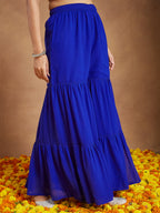 Janasya Women's Royal Blue Georgette Zari Embroidered Straight Kurta With Sharara & Dupatta Set