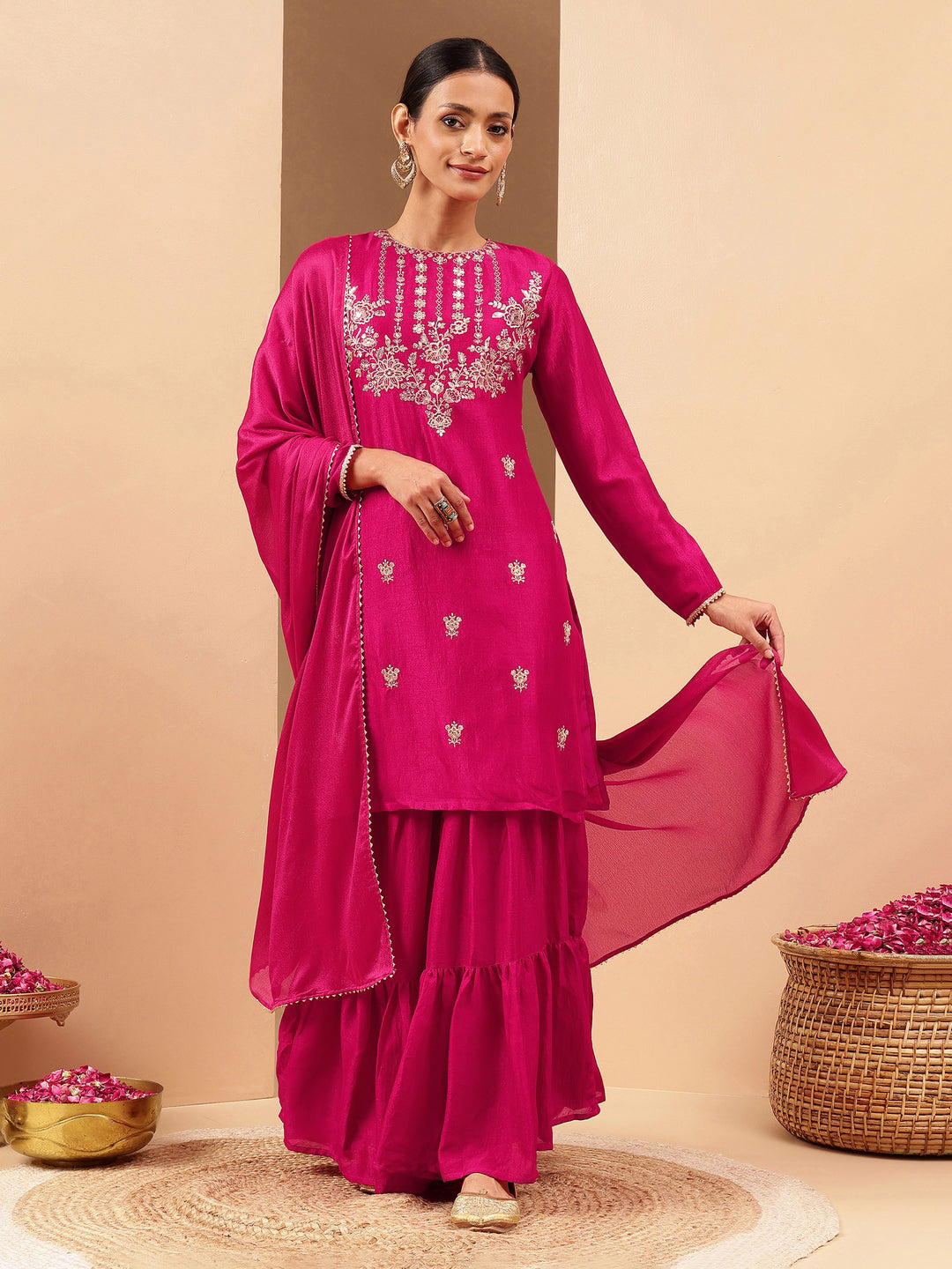 Janasya Women's Pink Silk Blend Zari Embroidered Straight Kurta With Sharara & Dupatta Set - qivii