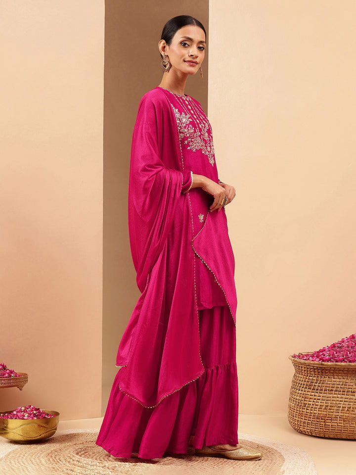 Janasya Women's Pink Silk Blend Zari Embroidered Straight Kurta With Sharara & Dupatta Set - qivii